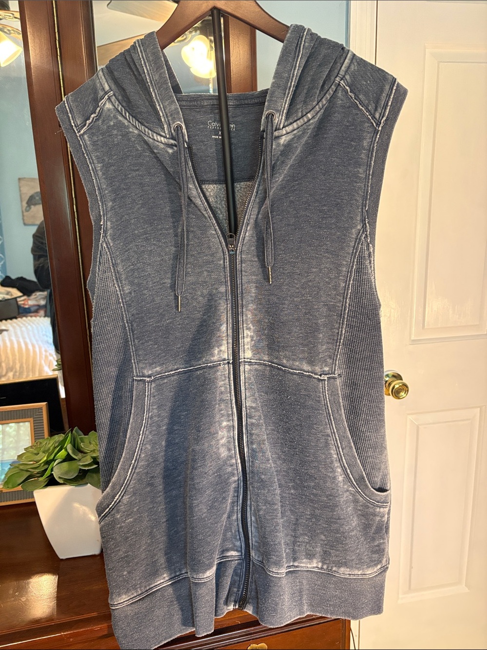 Calvin Klein Distressed Sleeveless Zip-Up Hoodie Vest - Slate Blue